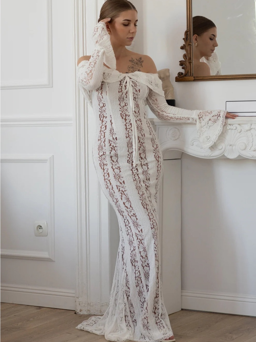 Althea Elise - Clarisse Lace Maxi Dress -
White - Off-Shoulder Lace Maxi Dress